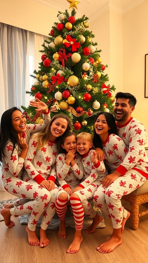 A family in matching Christmas pajamas by a decorated tree, capturing a joyful holiday moment.